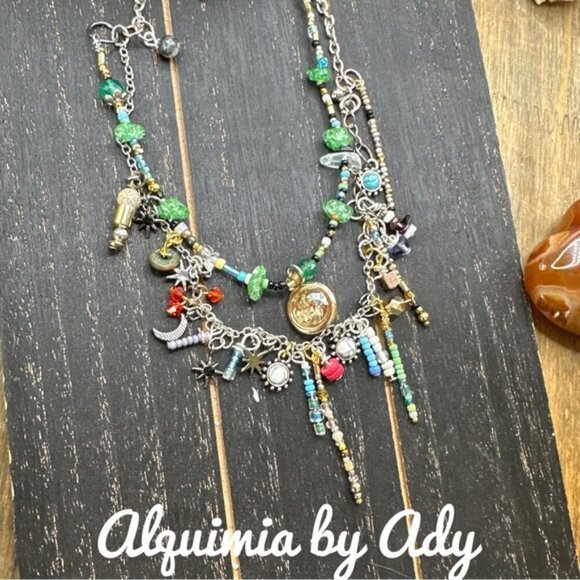 Layered beaded multi charms necklace handmade - Picture 1 of 4